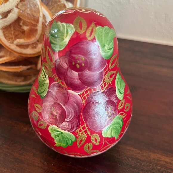 Vintage Russian Matryoshka Chime Bell Doll Signed Red Gold Floral Roly-Poly 4" - Picture 6 of 8
